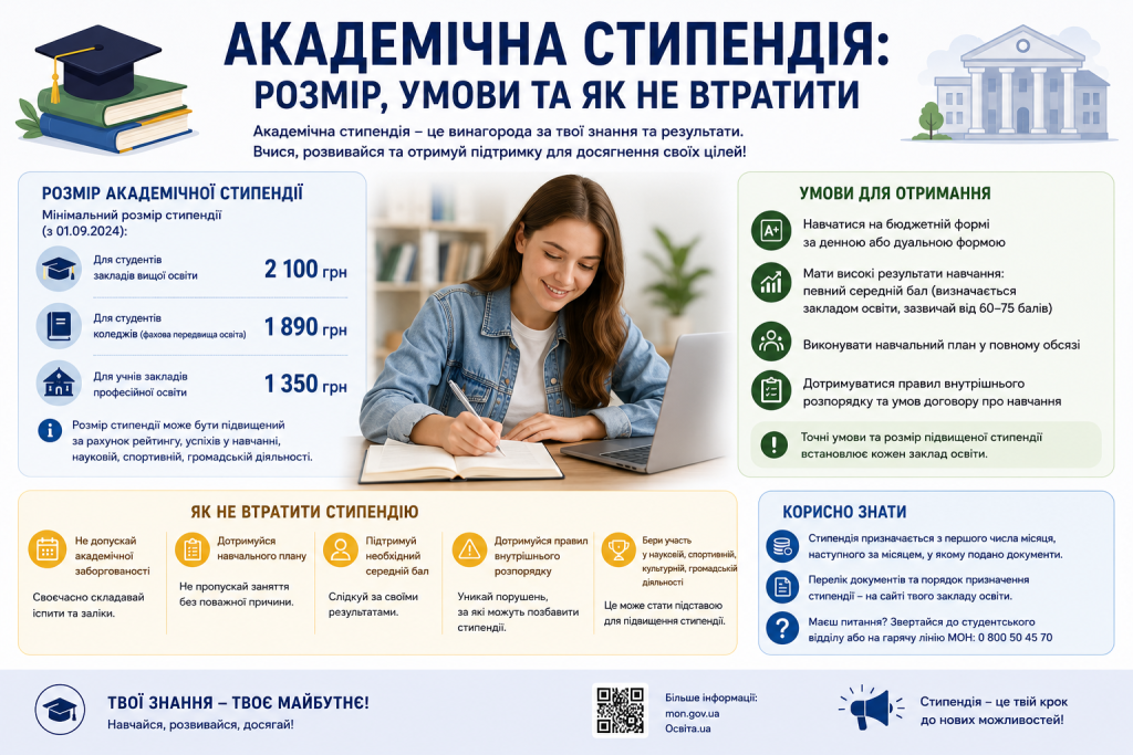 Інфографіка з розмірами академічної стипендії для студентів ЗВО, коледжів та ПТУ, умовами отримання та порадами як її не втратити