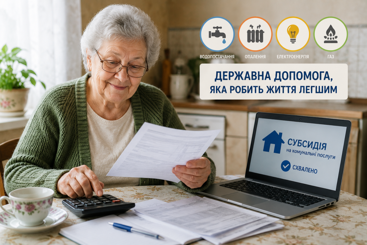 Літня жінка в окулярах переглядає документи з калькулятором біля ноутбука, на екрані якого відображається підтвердження субсидії на комунальні послуги