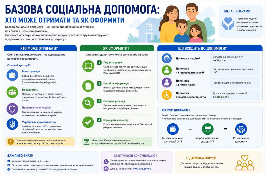 Інфографіка про базову соціальну допомогу в Україні: критерії отримання, 4 кроки оформлення, що входить до допомоги та формула розрахунку розміру виплати