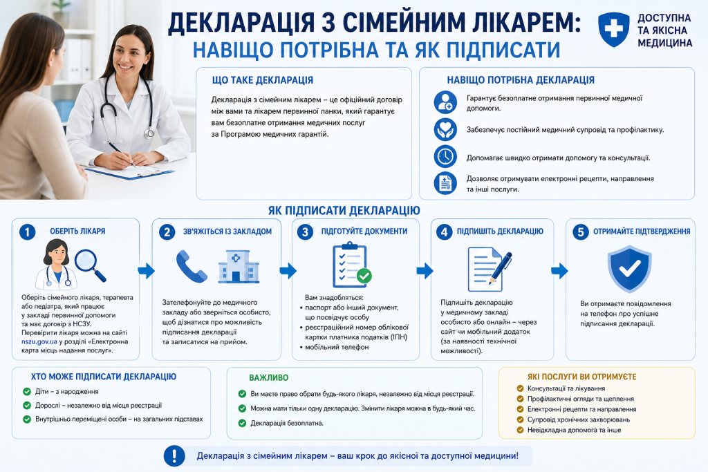 Інфографіка з поясненням що таке декларація з сімейним лікарем, 5 кроків її підписання, перелік документів та список доступних медичних послуг