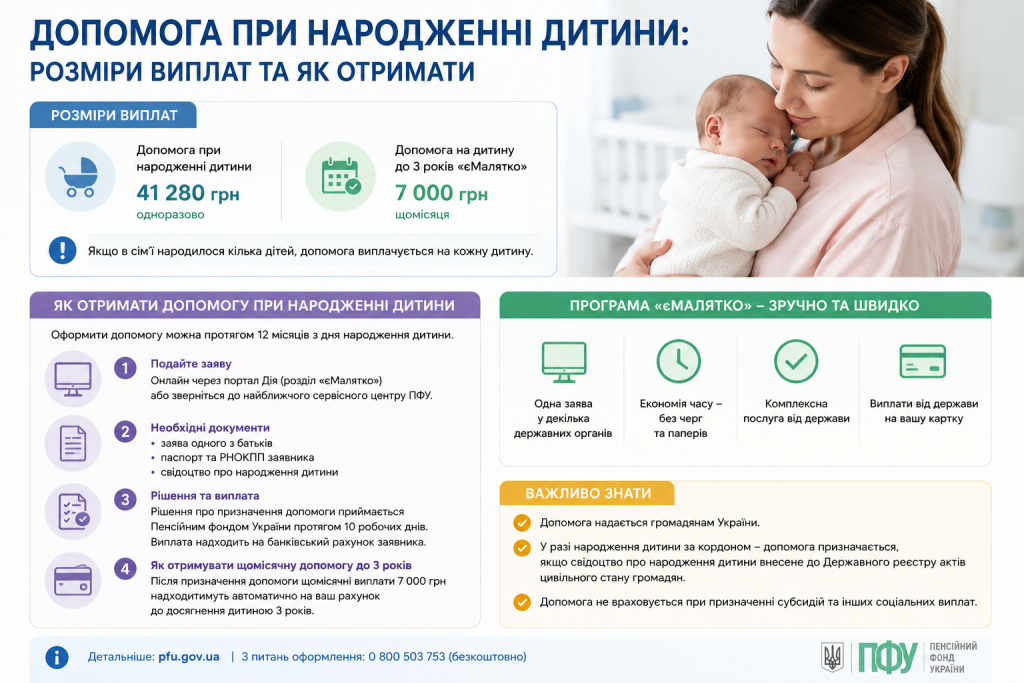 Інфографіка про державну допомогу при народженні дитини: одноразова виплата 41 280 грн та щомісячна допомога 7 000 грн до 3 років, кроки оформлення через Дію та програму єМалятко
