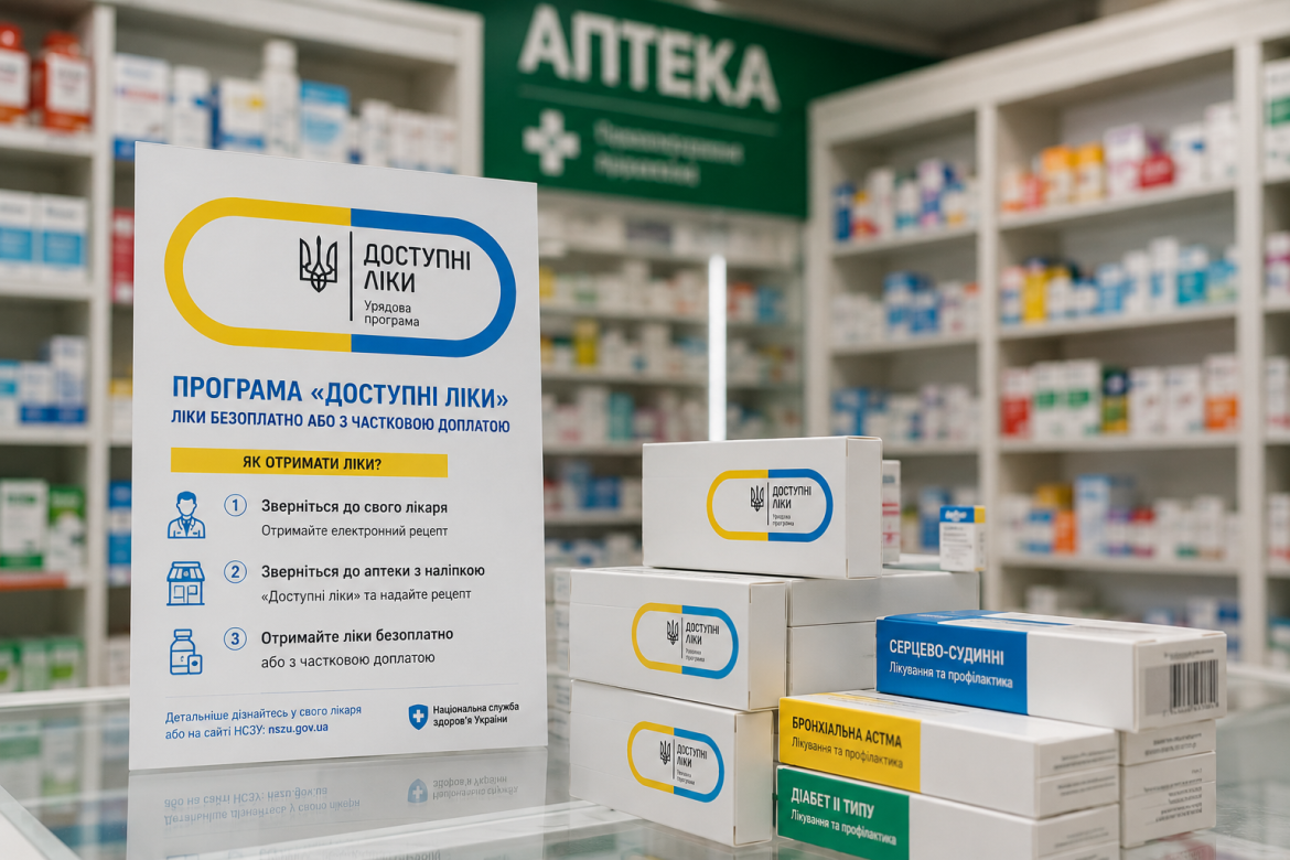 Стенд програми «Доступні ліки» в аптеці поруч зі стопкою упаковок ліків для лікування серцево-судинних захворювань, бронхіальної астми та діабету