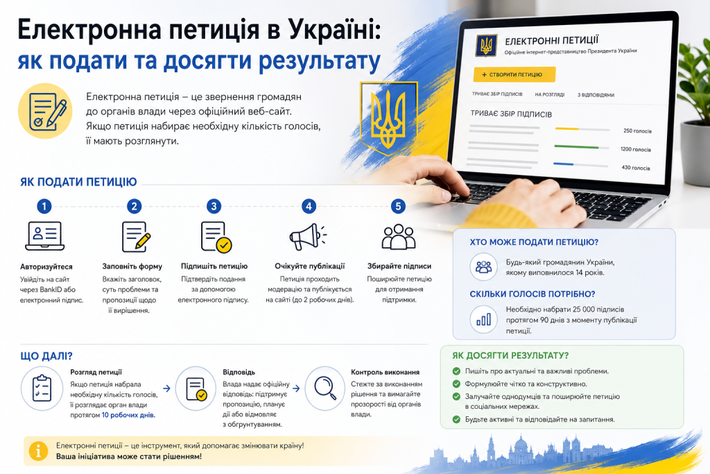 Інфографіка з поясненням що таке електронна петиція, 5 кроків її подачі, скільки голосів потрібно зібрати та поради як досягти результату