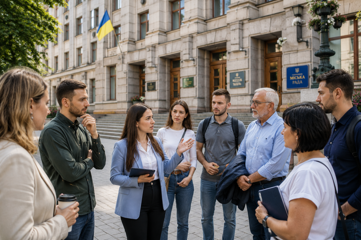 Група людей різного віку спілкується перед будівлею міської ради з українським прапором, жінка з планшетом веде розмову