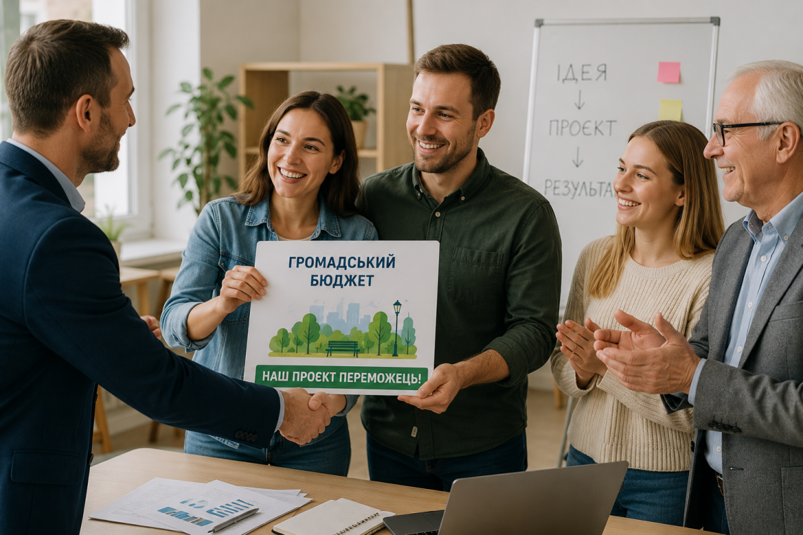 Група усміхнених людей тримає табличку з написом «Громадський бюджет — наш проєкт переможець» та потискує руку представнику влади в офісі