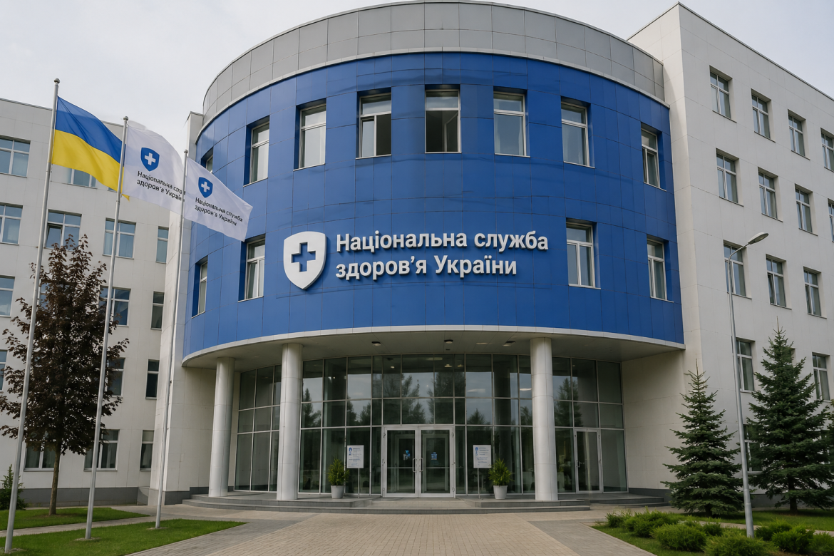 Сучасна будівля Національної служби здоров'я України з синім фасадом, логотипом та українськими прапорами біля входу