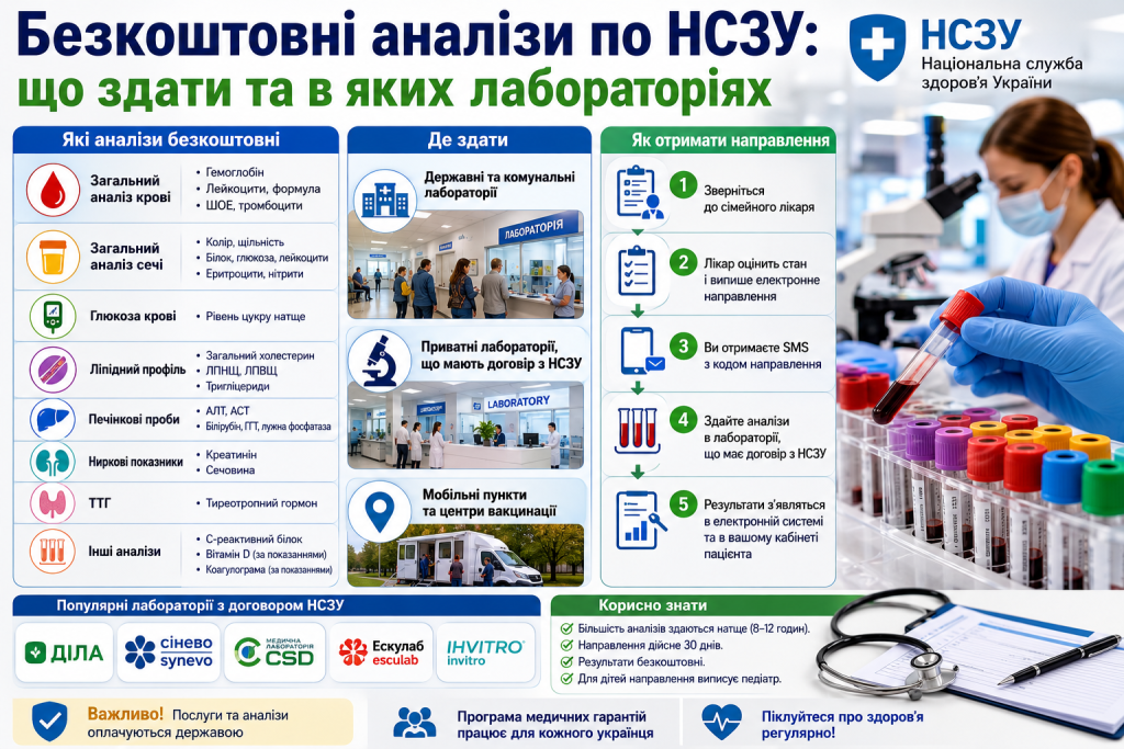 Інфографіка про безкоштовні аналізи по програмі НСЗУ: перелік досліджень від загального аналізу крові до тиреотропного гормону, де здати, як отримати направлення від сімейного лікаря та список лабораторій-партнерів