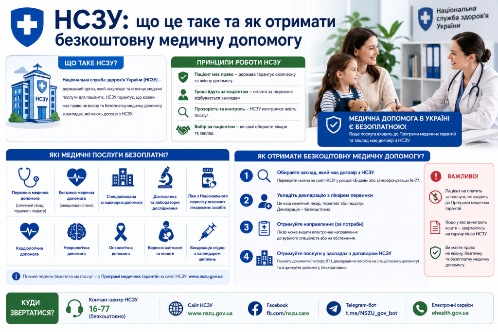 Інфографіка про Національну службу здоров'я України: принципи роботи, перелік безкоштовних медичних послуг, 4 кроки отримання допомоги та контакти
