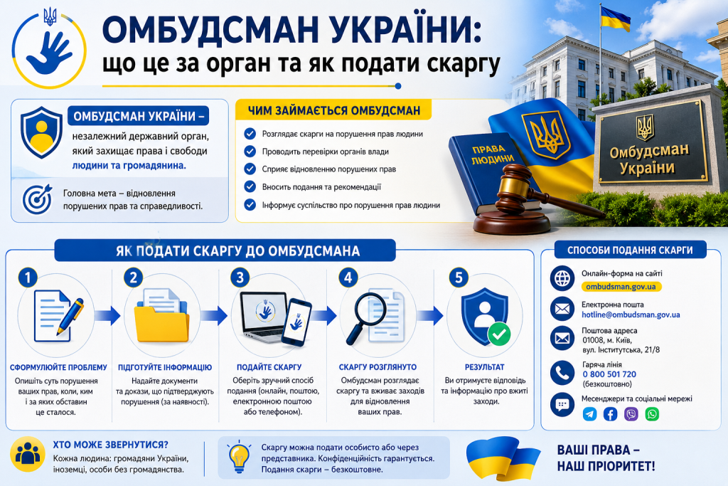 Інфографіка про омбудсмана України: функції органу, 5 кроків подачі скарги, способи звернення онлайн та контактні дані
