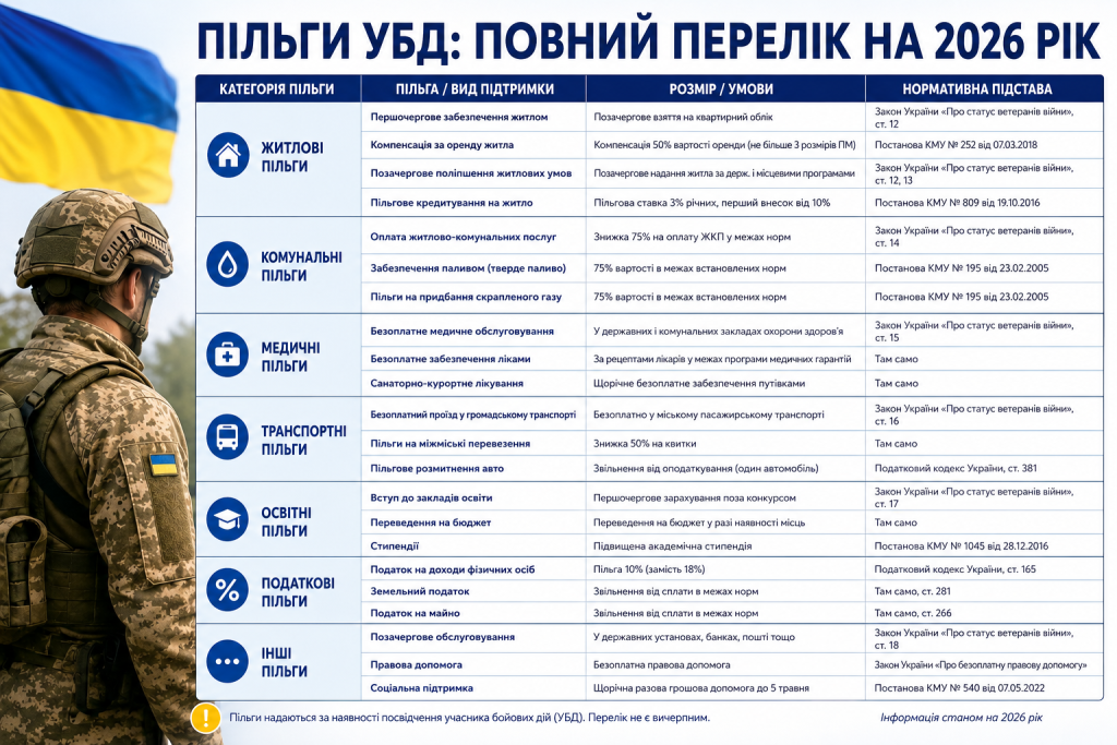 Інфографіка-таблиця з повним переліком пільг учасників бойових дій на 2026 рік: житлові, комунальні, медичні, транспортні, освітні, податкові та інші пільги з посиланнями на нормативні документи