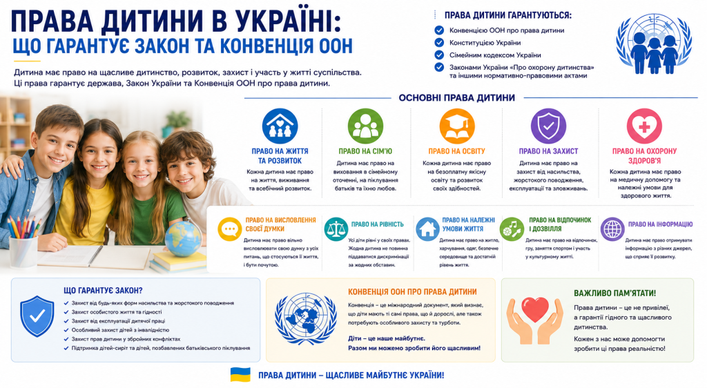 Інфографіка з переліком основних прав дитини в Україні: право на життя, сім'ю, освіту, захист, охорону здоров'я, рівність та відпочинок з посиланнями на Конвенцію ООН