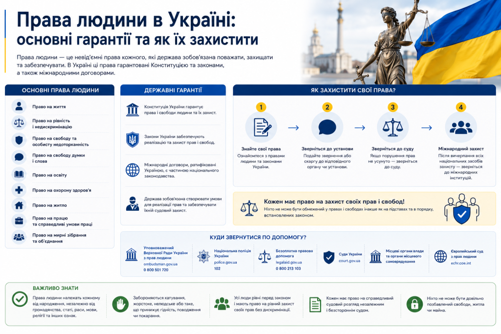 Інфографіка про права людини в Україні: перелік основних прав, державні гарантії, 4 кроки захисту прав та контакти органів для звернення