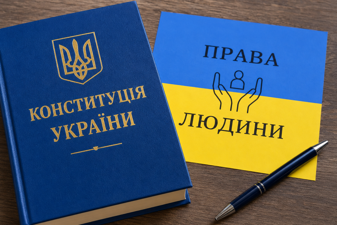 Синя книга Конституції України з тризубом поруч із карткою «Права людини» у кольорах українського прапора та ручкою на дерев'яному столі