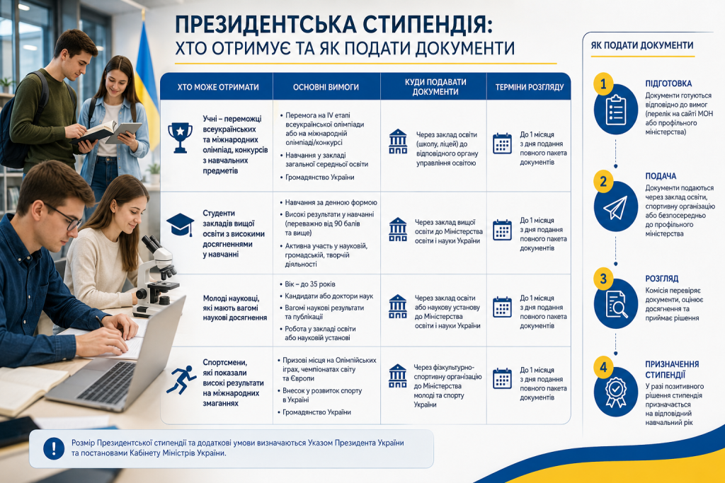 Інфографіка з таблицею категорій отримувачів президентської стипендії, вимогами, куди подавати документи та покроковою інструкцією подачі