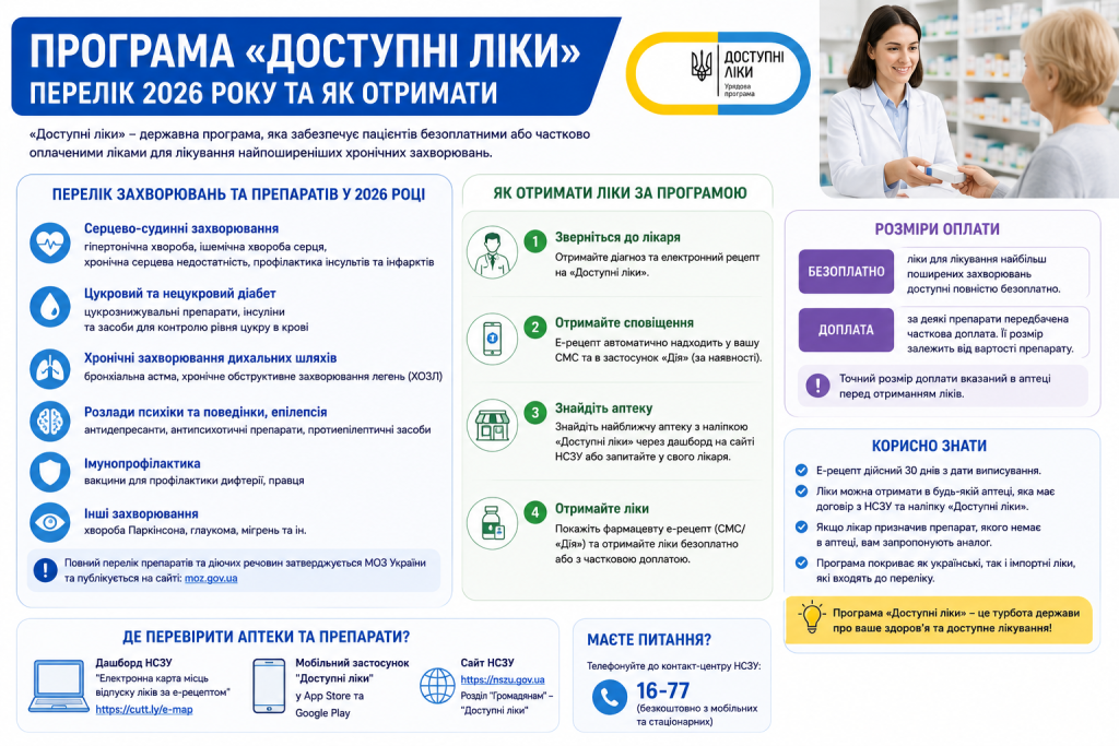 Інфографіка про урядову програму «Доступні ліки»: перелік захворювань, 4 кроки отримання ліків за е-рецептом, розміри оплати та корисні контакти