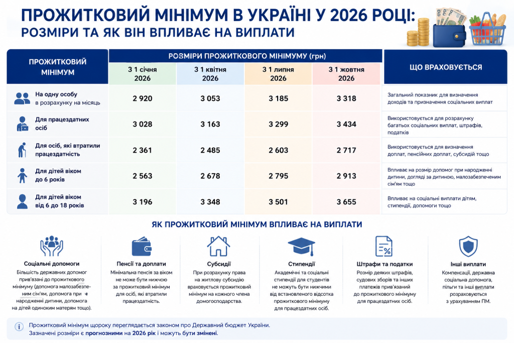 Інфографіка з таблицею розмірів прожиткового мінімуму на 2026 рік для різних категорій населення та поясненням як він впливає на соціальні виплати, пенсії та субсидії