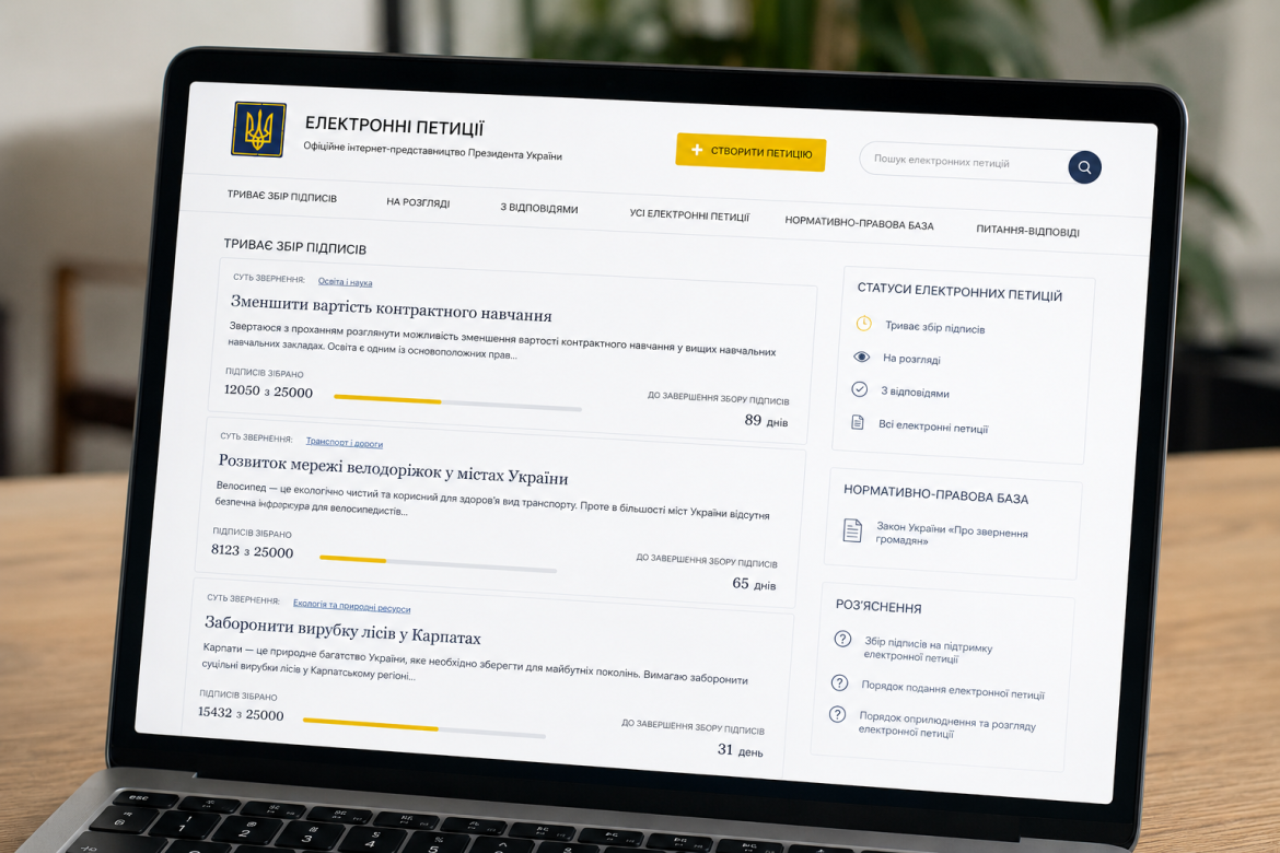 Екран ноутбука з відкритим сайтом електронних петицій офіційного інтернет-представництва Президента України зі списком активних петицій та кількістю зібраних підписів