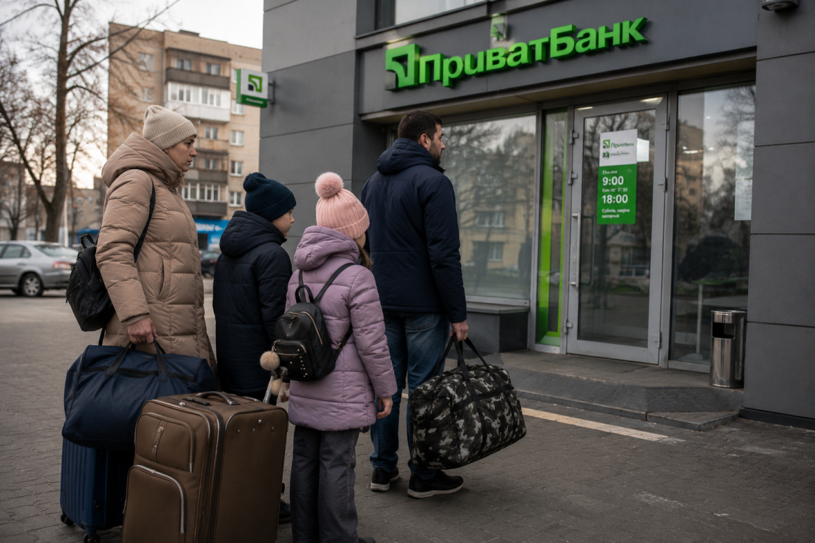 Родина з двома дітьми та валізами стоїть біля входу у відділення ПриватБанку в зимовий день