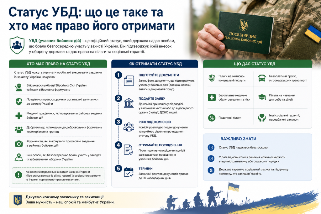 Інфографіка про статус учасника бойових дій: хто має право на УБД, 5 кроків отримання посвідчення та перелік пільг і соціальних гарантій
