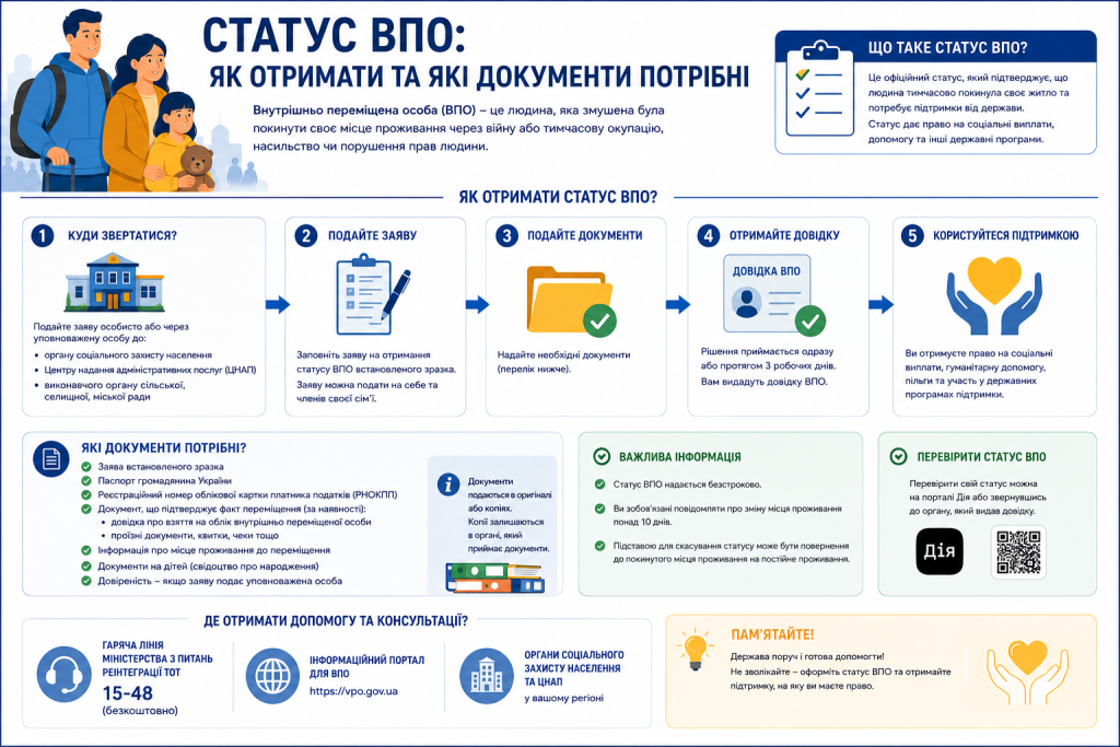 Інфографіка з поясненням статусу внутрішньо переміщеної особи, 5 кроків його оформлення, перелік необхідних документів та контакти для отримання допомоги