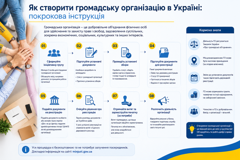Інфографіка з 8 кроками створення громадської організації в Україні: від формування ініціативної групи до початку діяльності, з корисними порадами