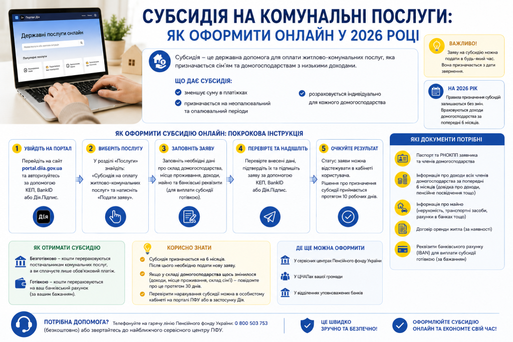 Інфографіка з покроковою інструкцією оформлення субсидії на комунальні послуги онлайн через портал Дія, перелік необхідних документів та способи отримання виплати