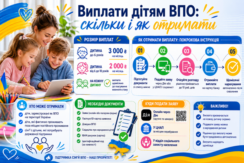 Інфографіка про виплати дітям внутрішньо переміщених осіб: розміри виплат 3000 та 2000 грн, покрокова інструкція оформлення, необхідні документи та способи подачі заяви