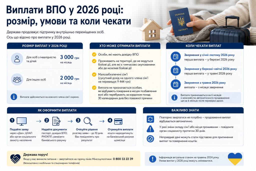 Інфографіка про виплати внутрішньо переміщеним особам у 2026 році: розміри 3000 і 2000 грн, хто може отримати, терміни виплат та 4 кроки оформлення