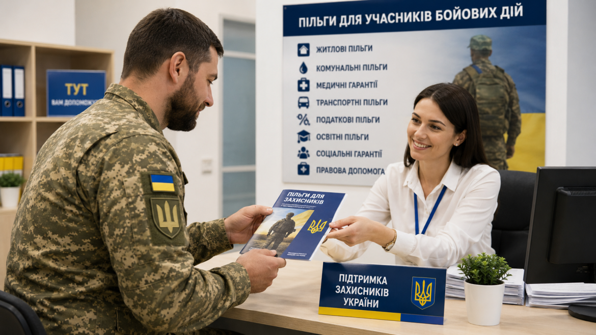 Військовослужбовець ЗСУ отримує від співробітниці брошуру з переліком пільг для захисників України біля стійки підтримки