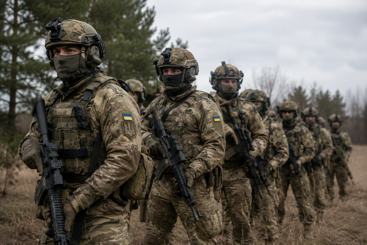 Група озброєних військовослужбовців ЗСУ у камуфляжі з українською символікою стоїть у бойовому порядку на відкритій місцевості