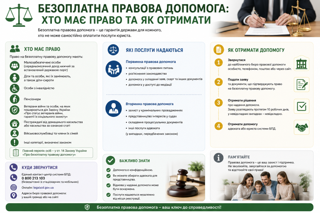 Інфографіка з переліком осіб, які мають право на безоплатну правову допомогу, та порядком отримання