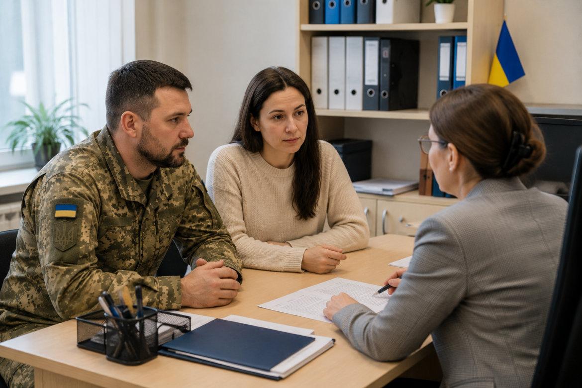 Чоловік у військовій формі та його дружина на консультації у працівниці соціальної служби