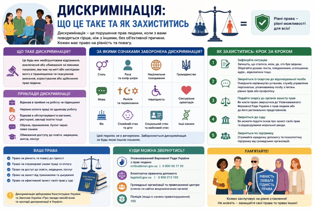 Інфографіка про ознаки дискримінації та способи захисту прав людини.