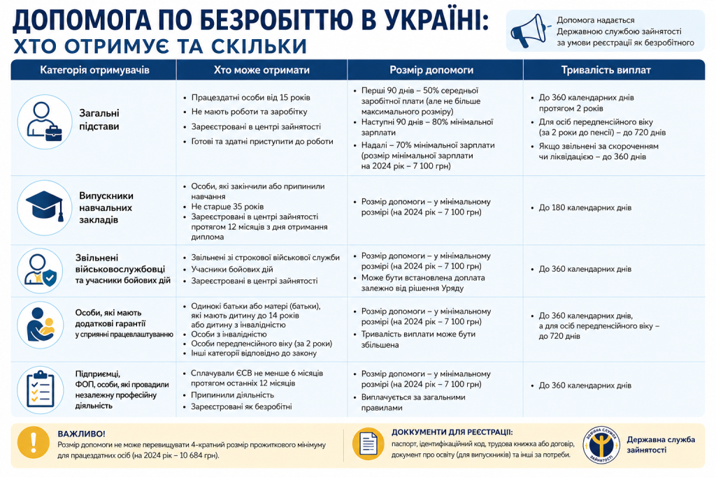 Інфографіка про категорії отримувачів допомоги по безробіттю, розміри виплат та тривалість