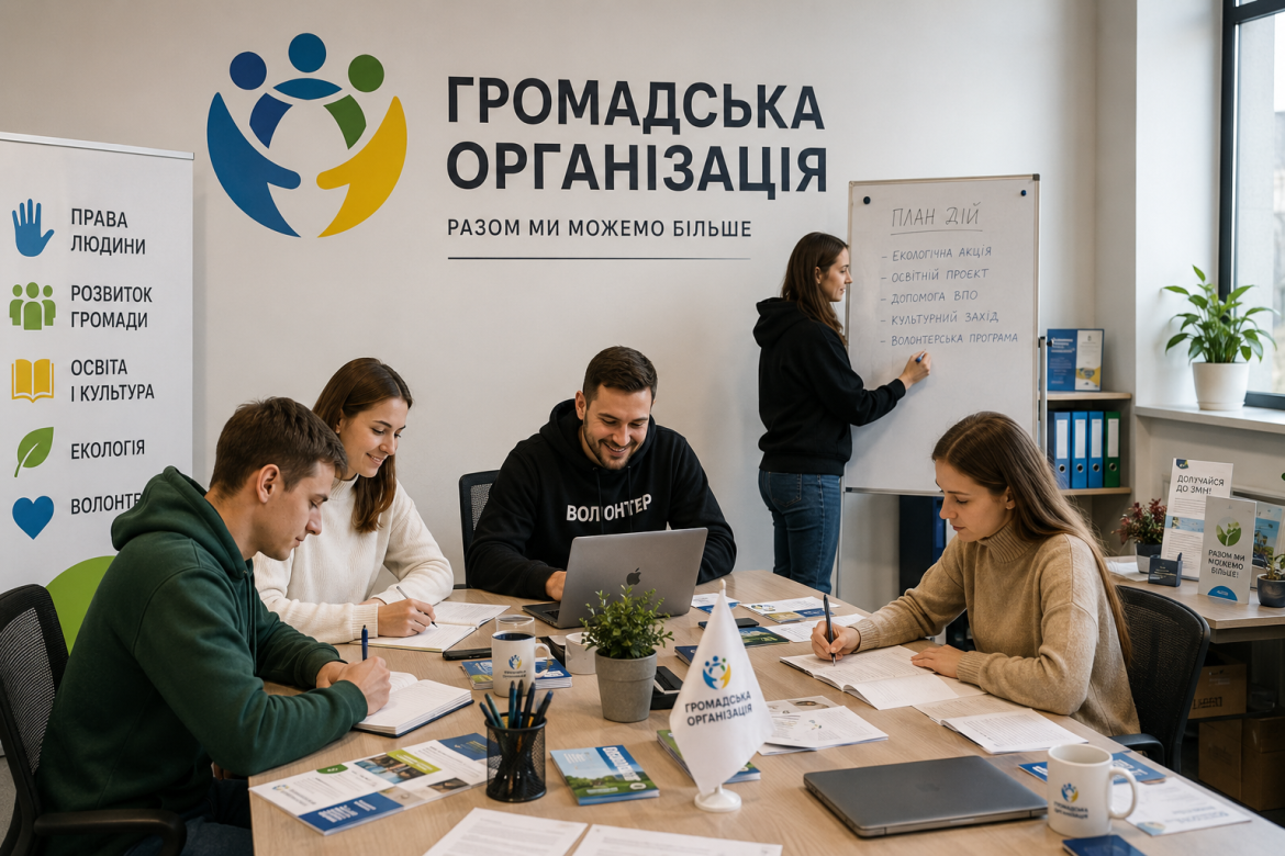Волонтери та працівники громадської організації обговорюють проєкти й планують спільну діяльність в офісі.