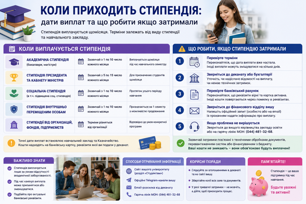 Інфографіка про строки виплати студентської стипендії та дії у разі затримки.