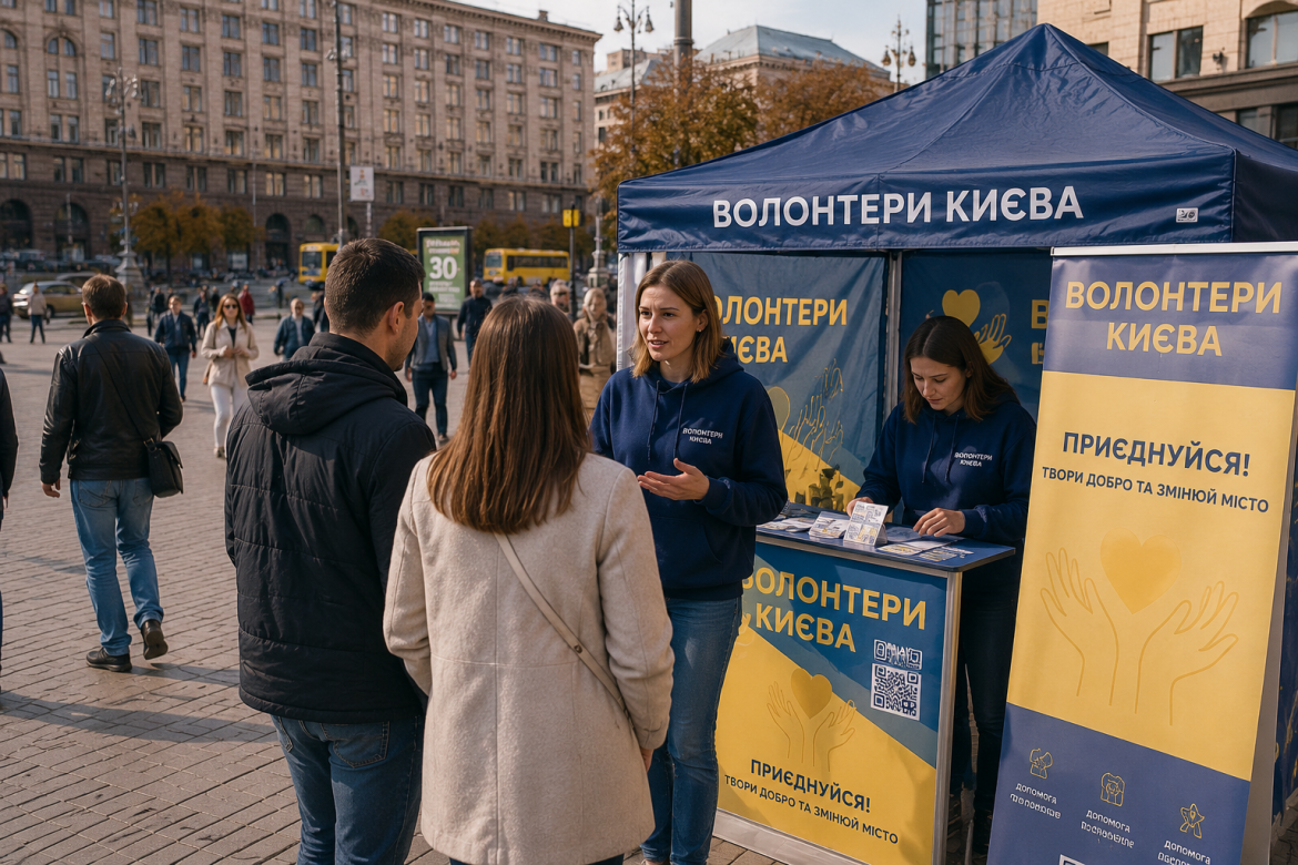 Волонтери спілкуються з відвідувачами біля намету "Волонтери Києва" на Хрещатику