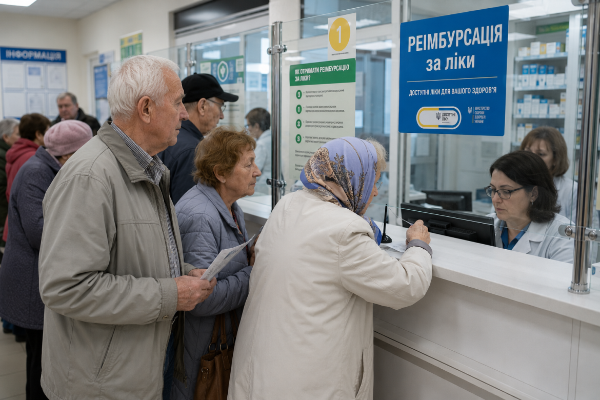 Літні люди стоять у черзі біля вікна реімбурсації за ліки в аптечному пункті