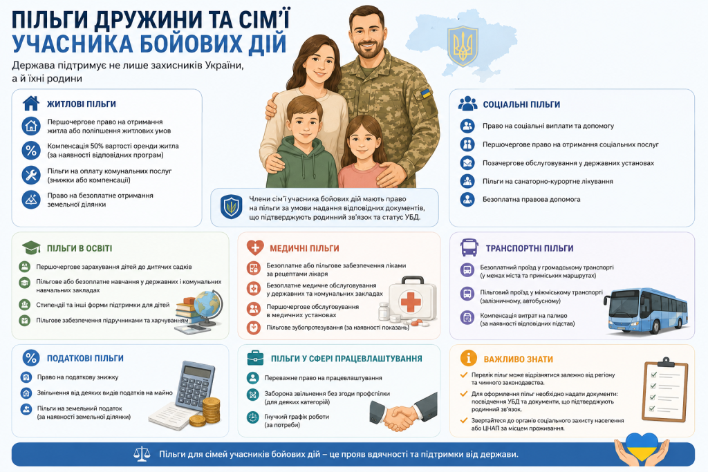 Інфографіка з переліком житлових, соціальних, медичних та транспортних пільг для сімей УБД