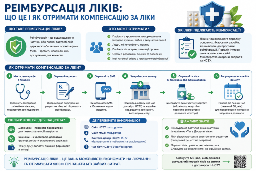 Інфографіка про порядок отримання реімбурсації ліків в Україні: рецепт, аптека, компенсація вартості