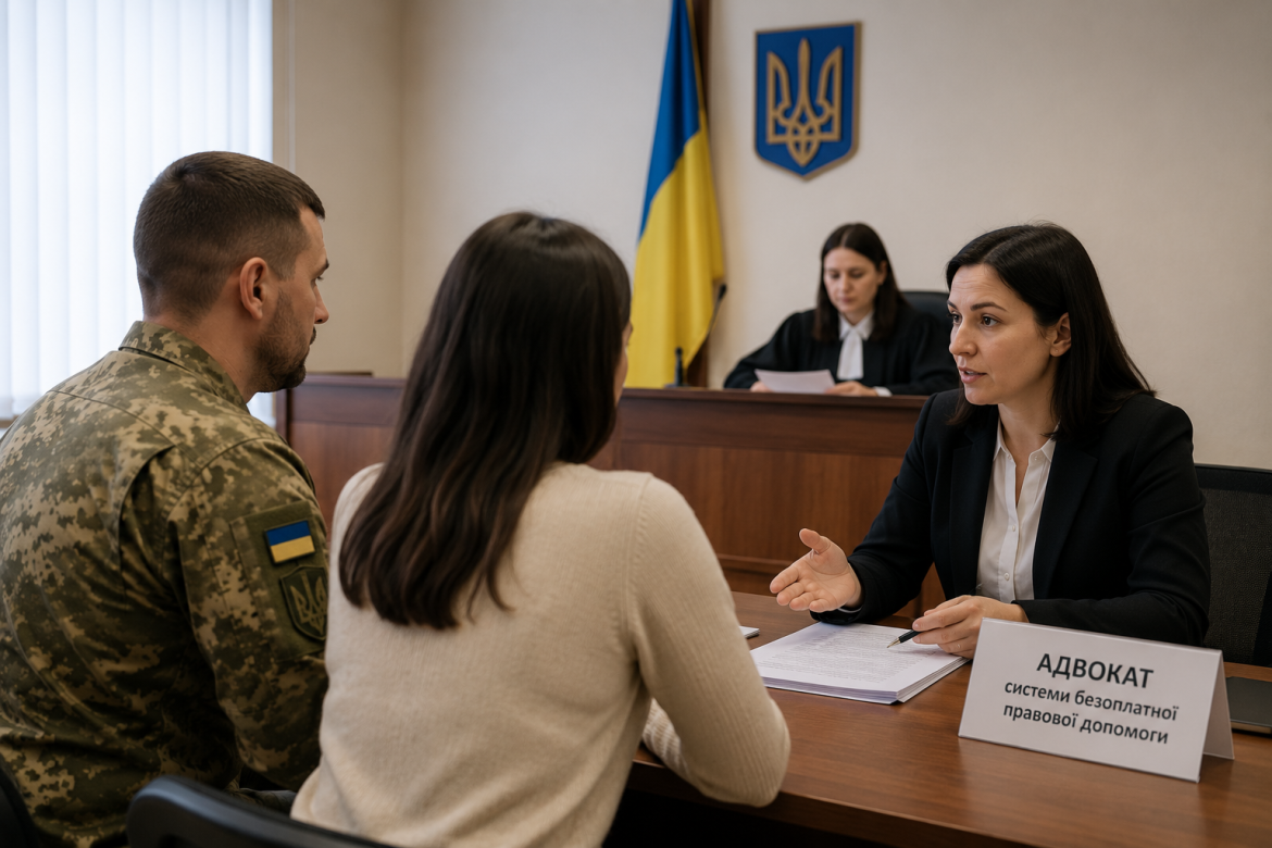 Військовий з дружиною на консультації в адвоката системи безоплатної правової допомоги в суді