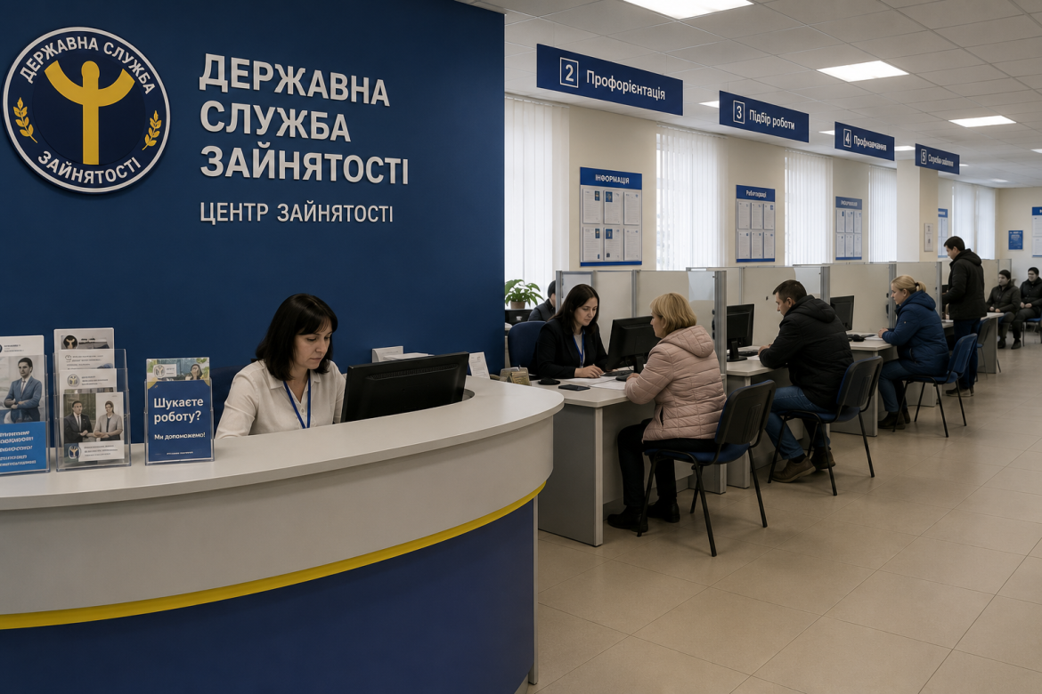 Відвідувачі та працівники Державної служби зайнятості в приміщенні центру зайнятості