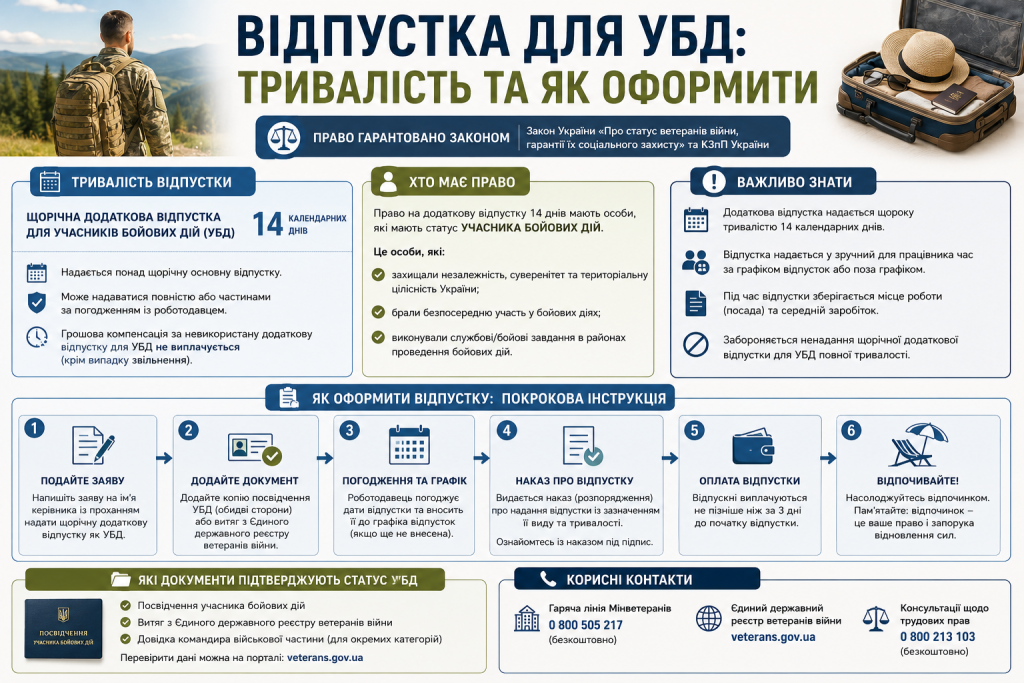 Інфографіка про додаткову відпустку для учасників бойових дій: тривалість, хто має право та як оформити
