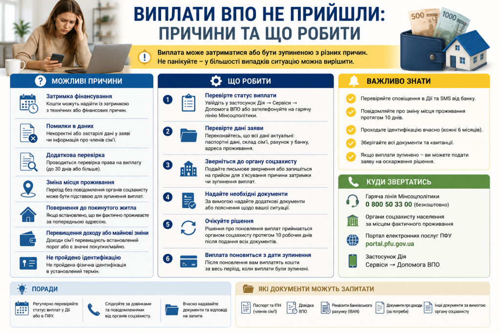 Інфографіка про причини затримки виплат ВПО та покрокові дії для їх відновлення
