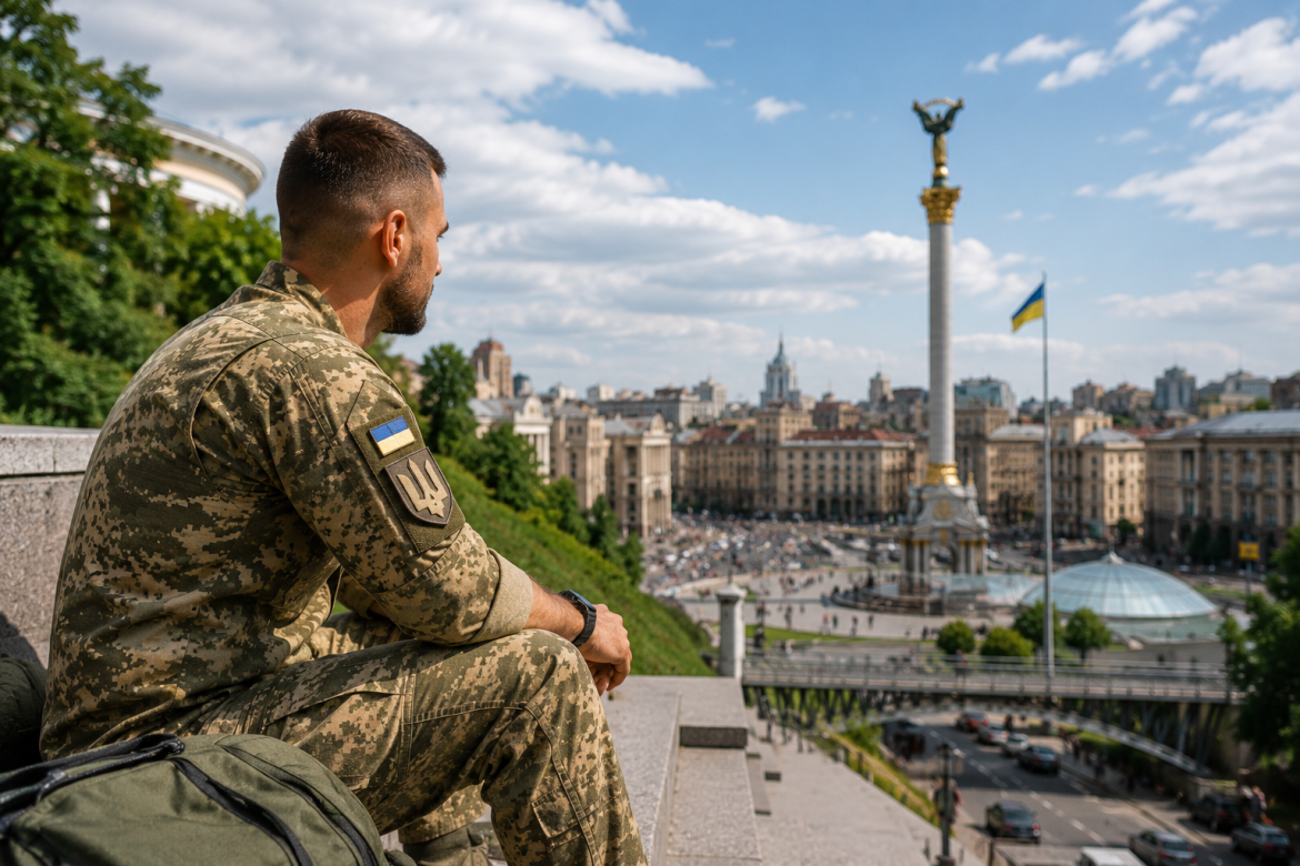 Військовослужбовець ЗСУ сидить із рюкзаком та милується панорамою Києва під час відпустки