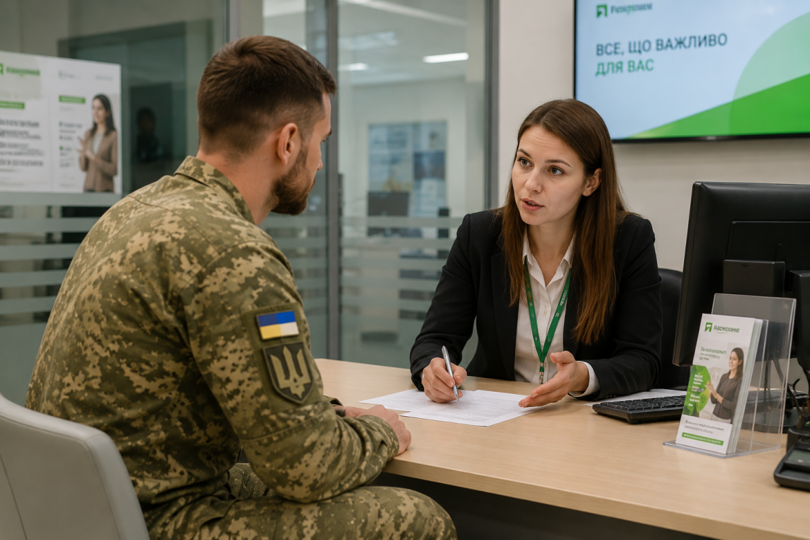 Військовий ЗСУ спілкується зі співробітницею державної установи щодо оформлення виплат
