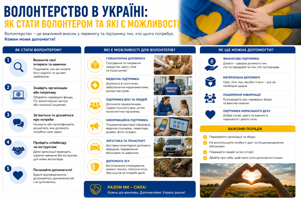 Інфографіка з покроковою інструкцією як стати волонтером та переліком напрямків волонтерської допомоги