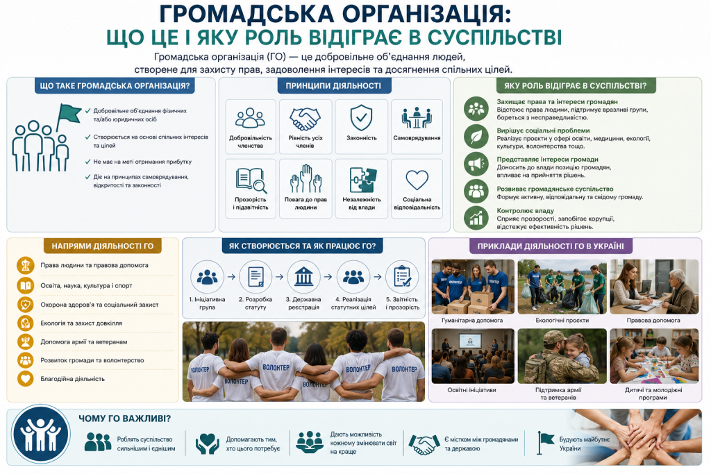 Інфографіка про громадську організацію, її принципи діяльності, напрями роботи, роль у суспільстві та приклади діяльності в Україні.