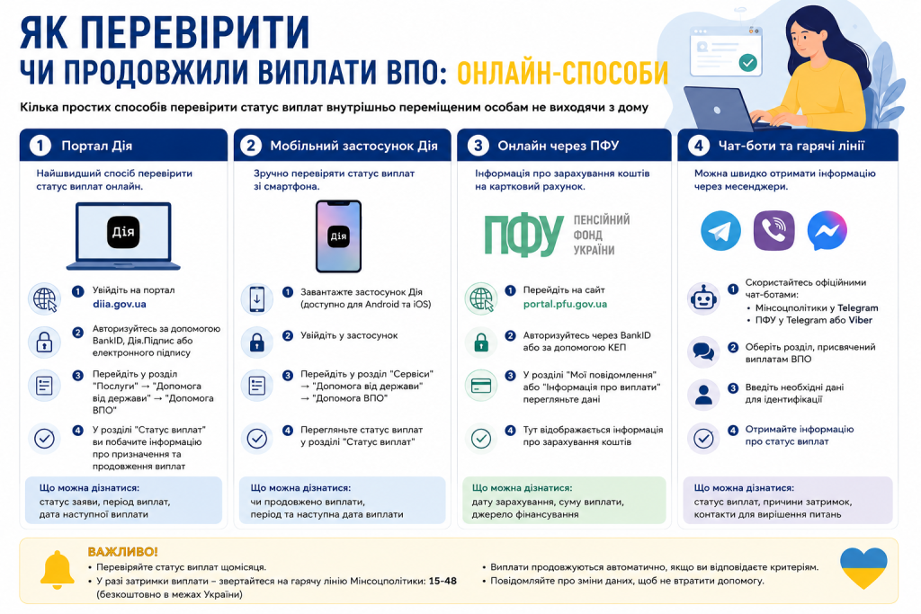 Інфографіка з чотирма онлайн-способами перевірки статусу виплат внутрішньо переміщеним особам