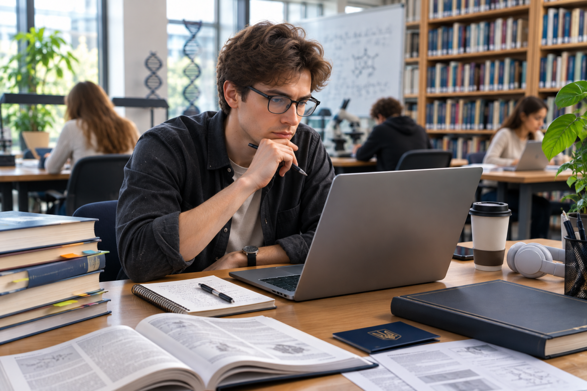 Аспірант працює за ноутбуком у бібліотеці серед книжок, конспектів і навчальних матеріалів.